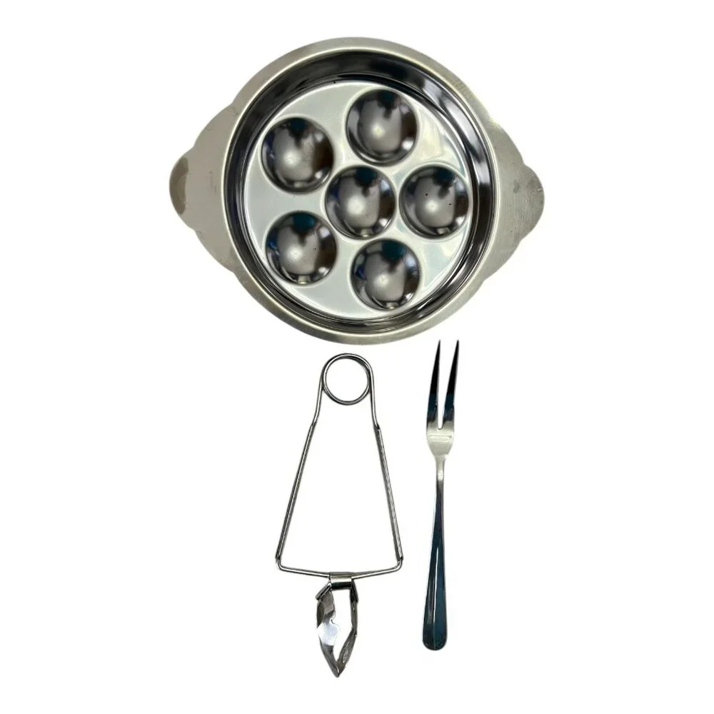 Escargot Snail Dish Stainless Steel 6 Well Pan Set of 4 With Tongs Fork Boxed